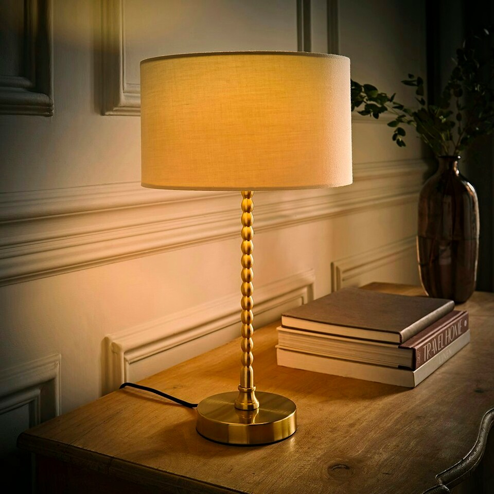 image 1 of ValueLights Maeve Natural Drum Lamp Shade Brushed Gold Bobbin Bobble Table Lamp and LED Bulb Gold