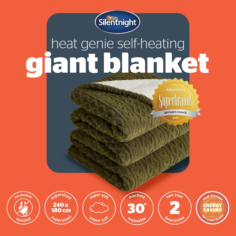 image 1 of Silentnight Heat Genie Self Heating Giant Blanket Green Cable Knit Green