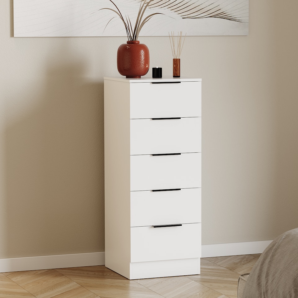image 1 of Vida Designs Trega 5 Drawer Narrow Chest of Drawers Bedroom Storage Unit, (H) 90cm x (W) 34.5cm x (D) 36cm, White