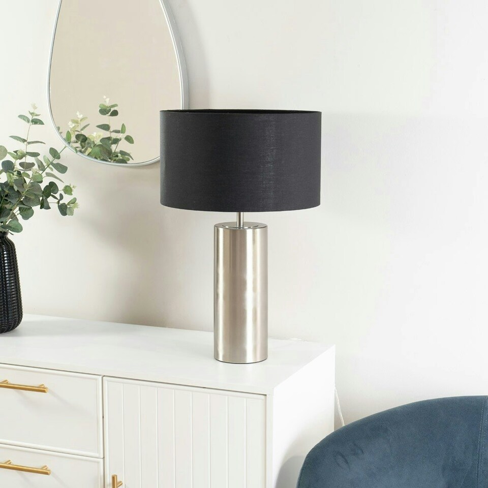 image 1 of ValueLights Lexy Brushed Chrome Touch Table Lamp with Black Drum Shade