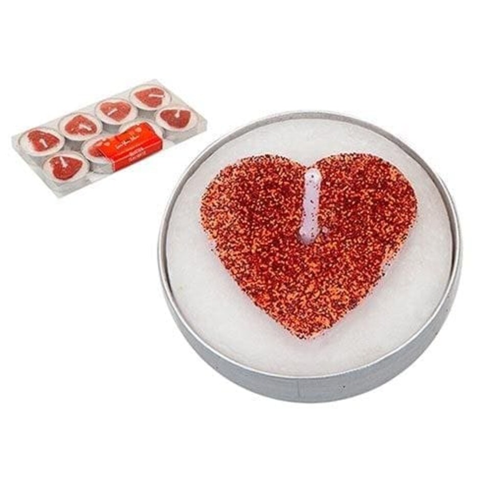Red Glitter Heart Candle Tealights - Pack of 8 | Red