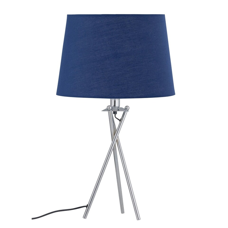 image 1 of First Choice Lighting Set of 2 Tripod Table Lamps with Navy Cotton Fabric Shades Chrome | Blue