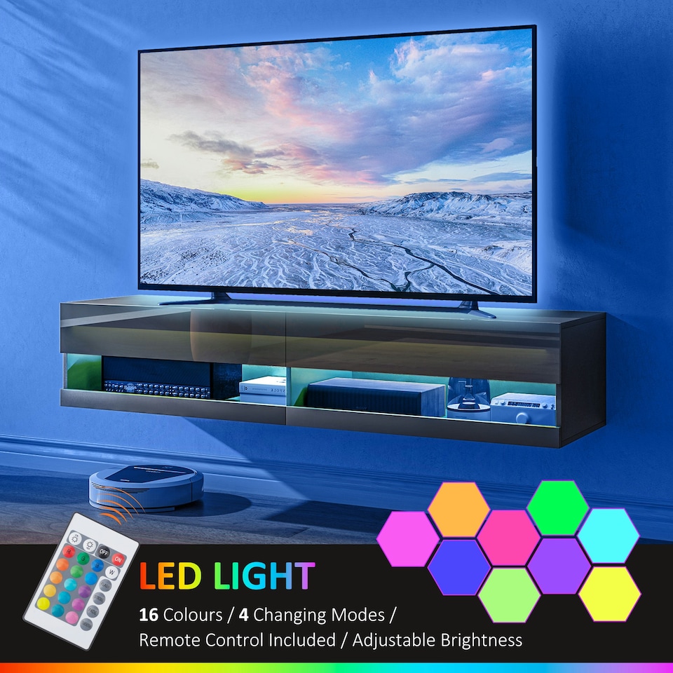 image 1 of HOMCOM High Gloss TV Stand Unit Wall Mounted with LED Lights