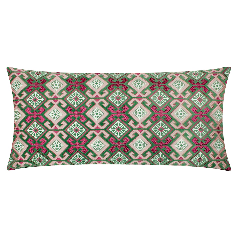 image 1 of Paoletti Laurel Embroidered Velvet Cushion, Cerise/Jade, 30 x 60cm