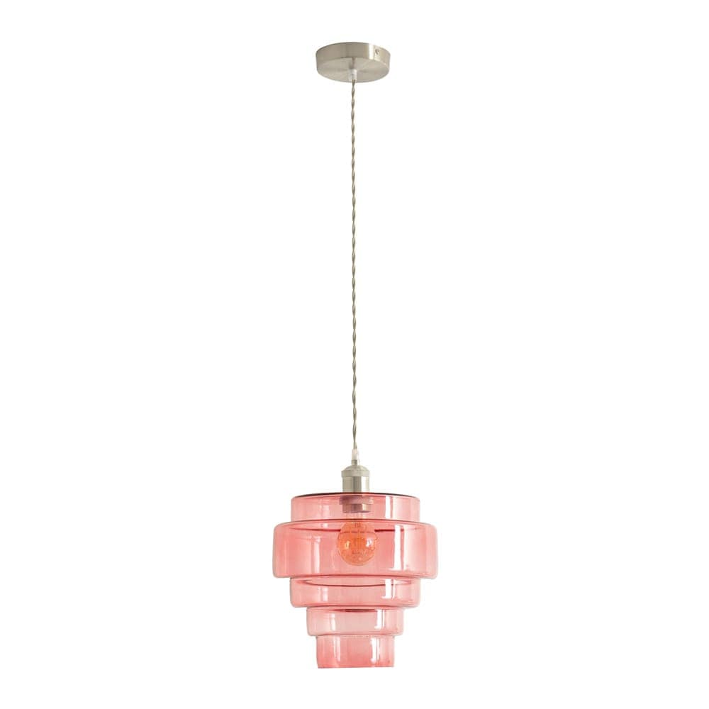 ValueLights Lane Glass 5 Tier Layered Shade Brushed Chrome Ceiling Pendant Light in Bright Pink
