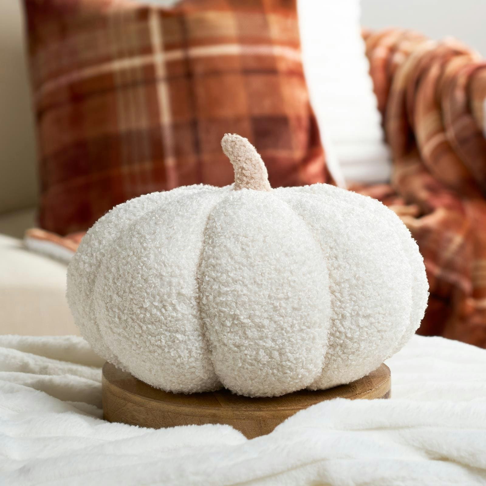OHS Pumpkin Shaped Boucle Fleece Filled Cushion Halloween Autumn Decor - Cream