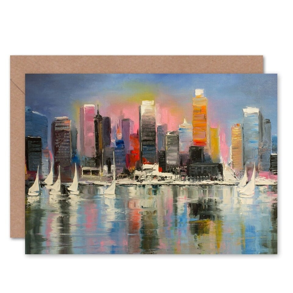 image 1 of City Harbour Cityscape Skyline Urban Painting Art Card