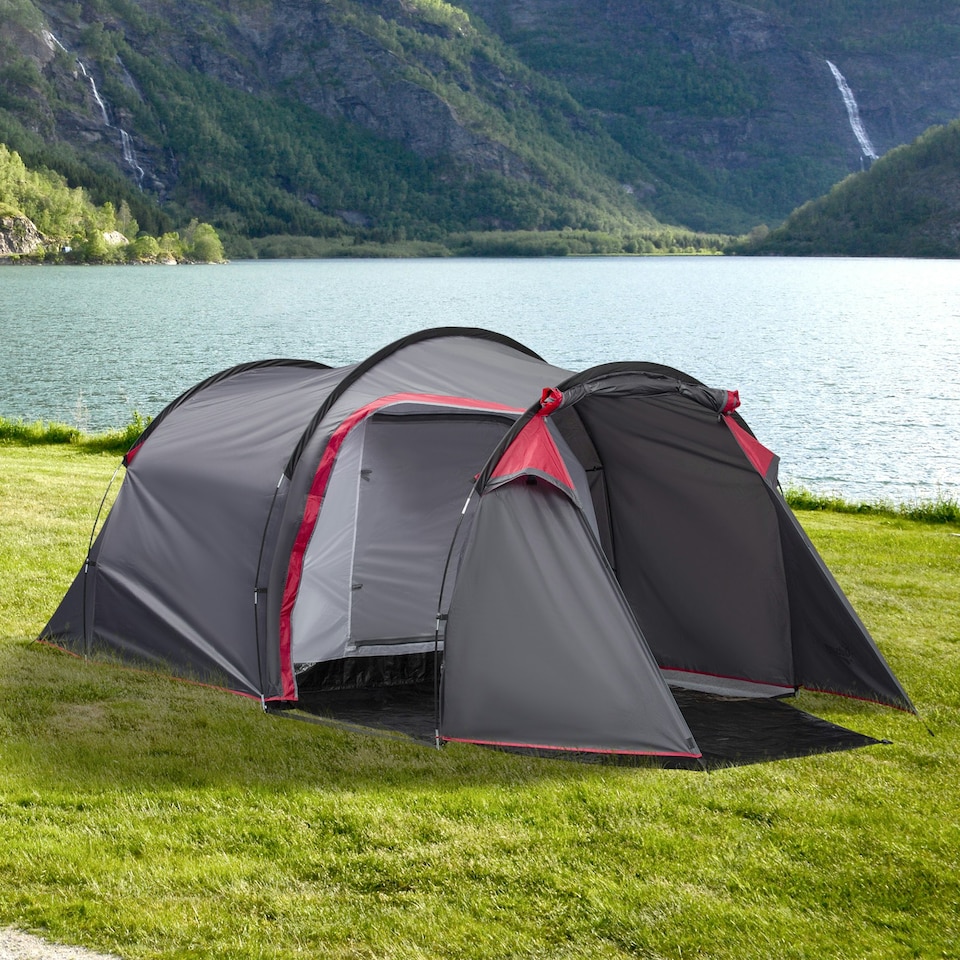 image 1 of Outsunny 3 Man Camping Tent w/ 2 Rooms Porch Vents Rainfly Weather-Resistant