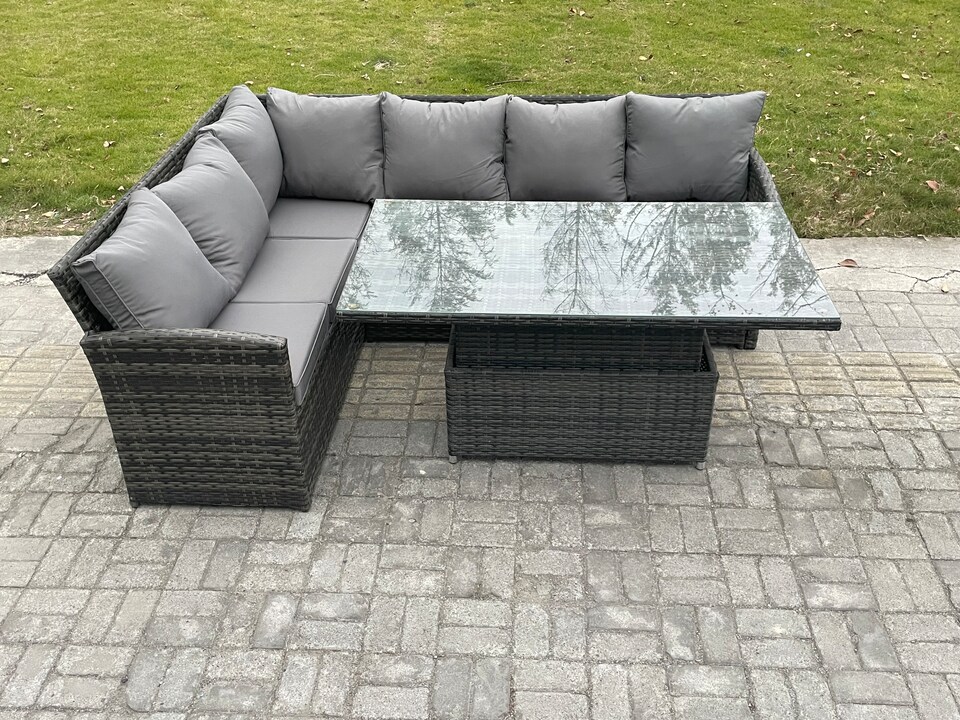 image 1 of Fimous Wicker PE Outdoor Rattan Garden Furniture Set Height Adjustable Rising Lifting Table Sofa Dining Set with Dark Grey Mixed