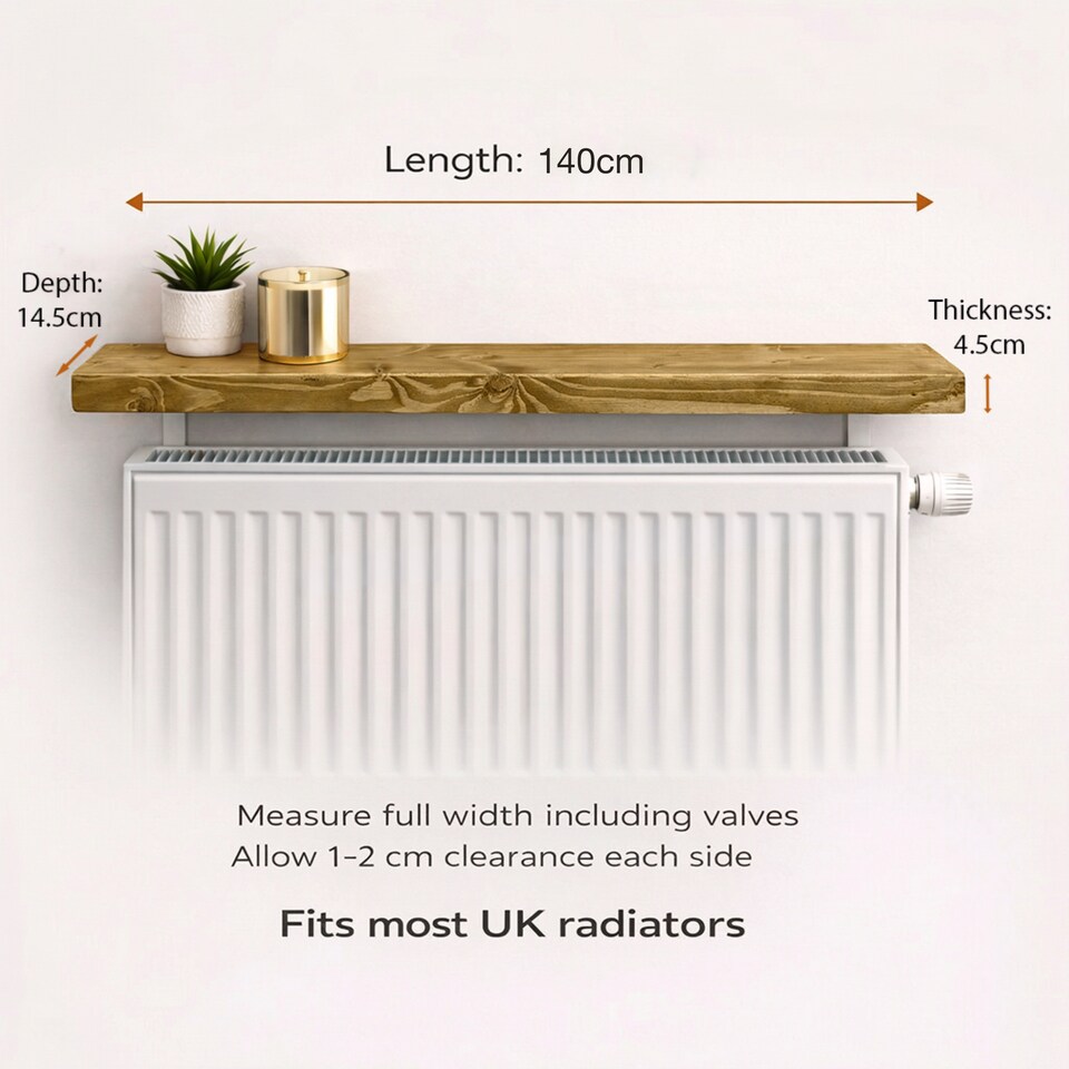 image 1 of MKGT Solid Wood Radiator Shelf with No-Drill Brackets, Handmade in UK, Dark Oak – 140cm
