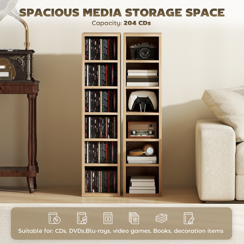 image 1 of HOMCOM Set of 2 CD Storage Units DVD Shelf with Adjustable Shelves, Oak