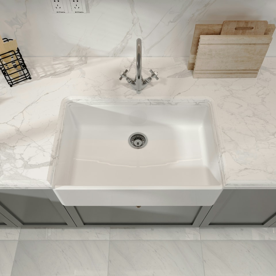 image 1 of 795mm - Fireclay Single Bowl Butler Kitchen Sink - No Overflow & No Tap Hole