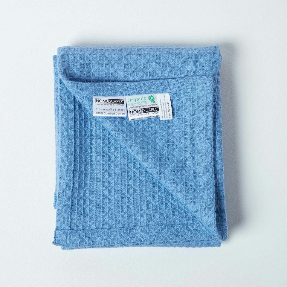 image 1 of Homescapes Organic Cotton Waffle Baby Blanket Blue - 90 x 112 cm