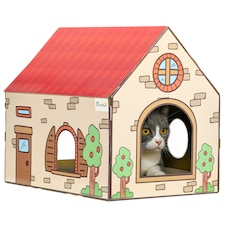 PawHut Cat House Scratcher, Recyclable Cardboard with Catnip, Red Roof