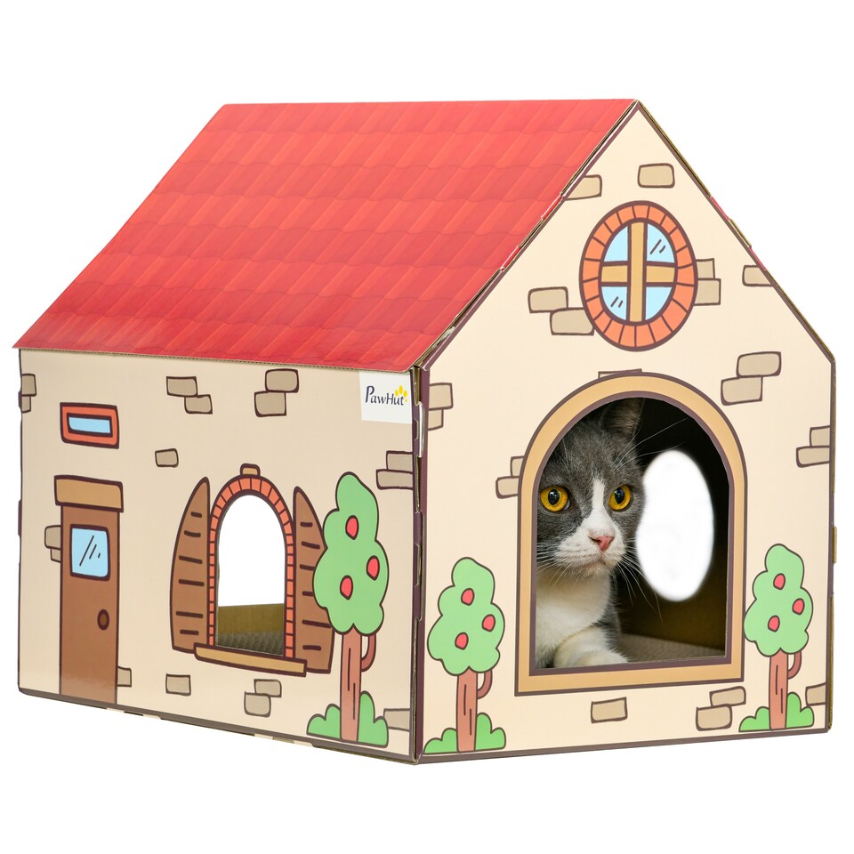 image 1 of PawHut Cat House Scratcher, Recyclable Cardboard with Catnip, Red Roof