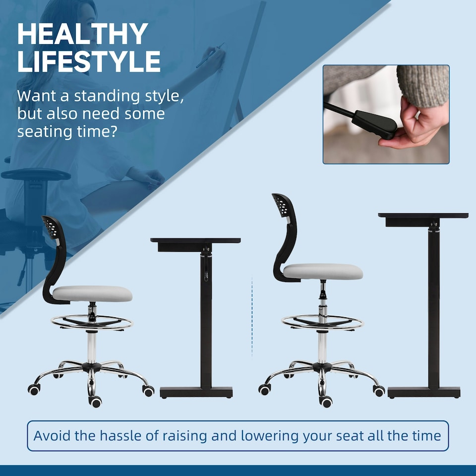 image 1 of Vinsetto Draughtsman Chair, Office Chair with Wheels, Light Grey