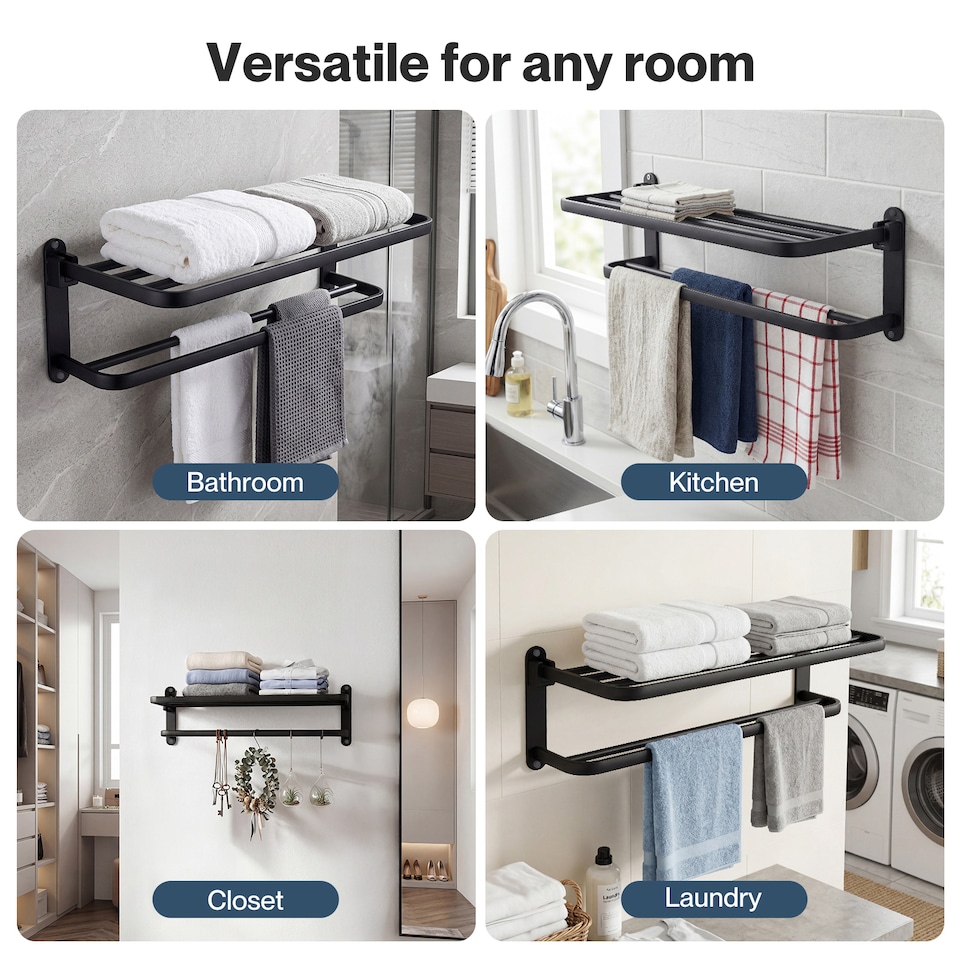 image 1 of Levede Towel Holder with 2 Bars Wall Mounted No Drill Bathroom Shelf Black
