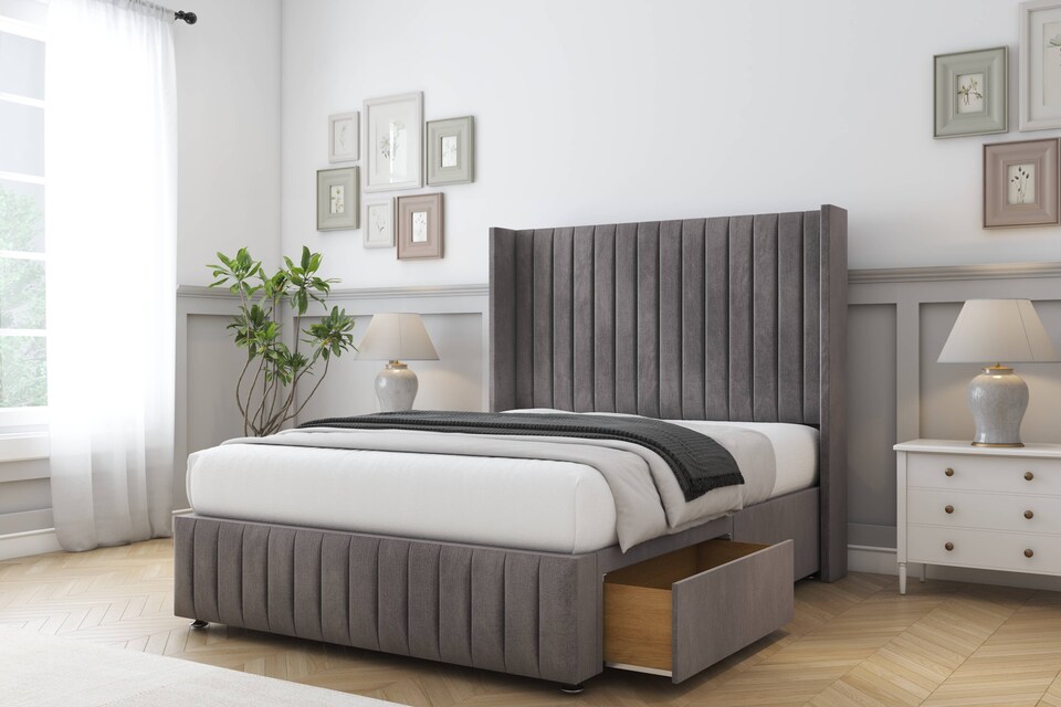 image 1 of Sloomy Marlborough Slate Naples Divan Bed Base No Drawers With 54 Inch Wingback Headboard & 12 Inch Matching Footboard | Grey | Slate | Small Double | 1