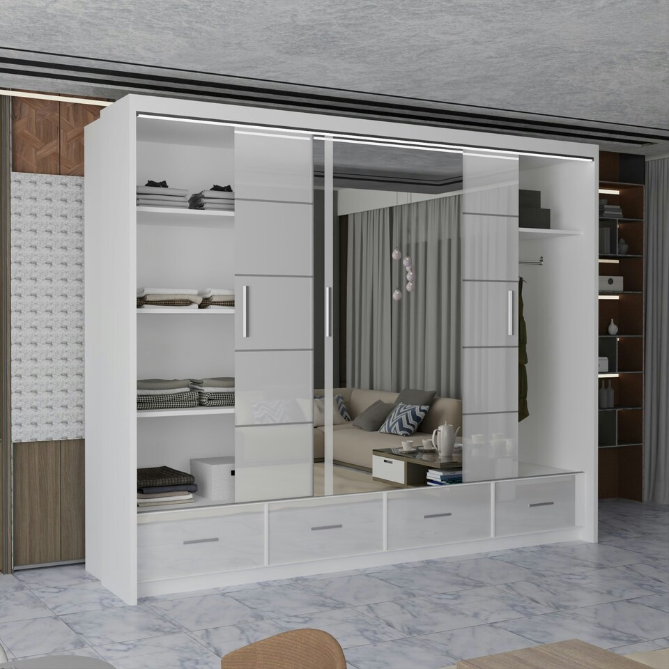image 1 of Sleek High Gloss Sliding Wardrobe 255cm with Drawers | White/Black/Grey 3-Door Bedroom Storage White | White255cm