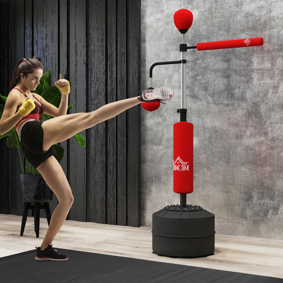 image 1 of HOMCOM Boxing Punching Bag Free Standing with 2 Speed Balls, Relax Bar, Boxing Bag and Fillable Base, 160-230cm Adjustable Height | Red | Red