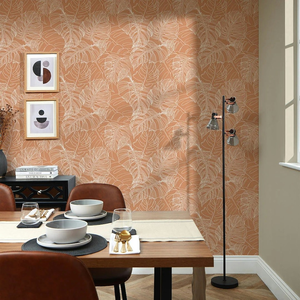 image 1 of Monstera Leaf Wallpaper in Terracotta Multi