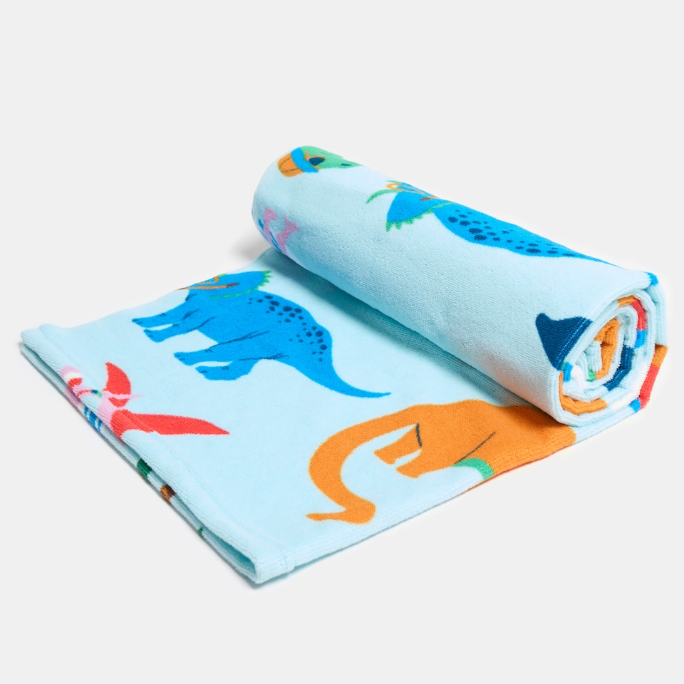 image 1 of Brentfords Kids Dino Beach Print Absorbent Holiday Travel Beach Bath Towel Blue | One size