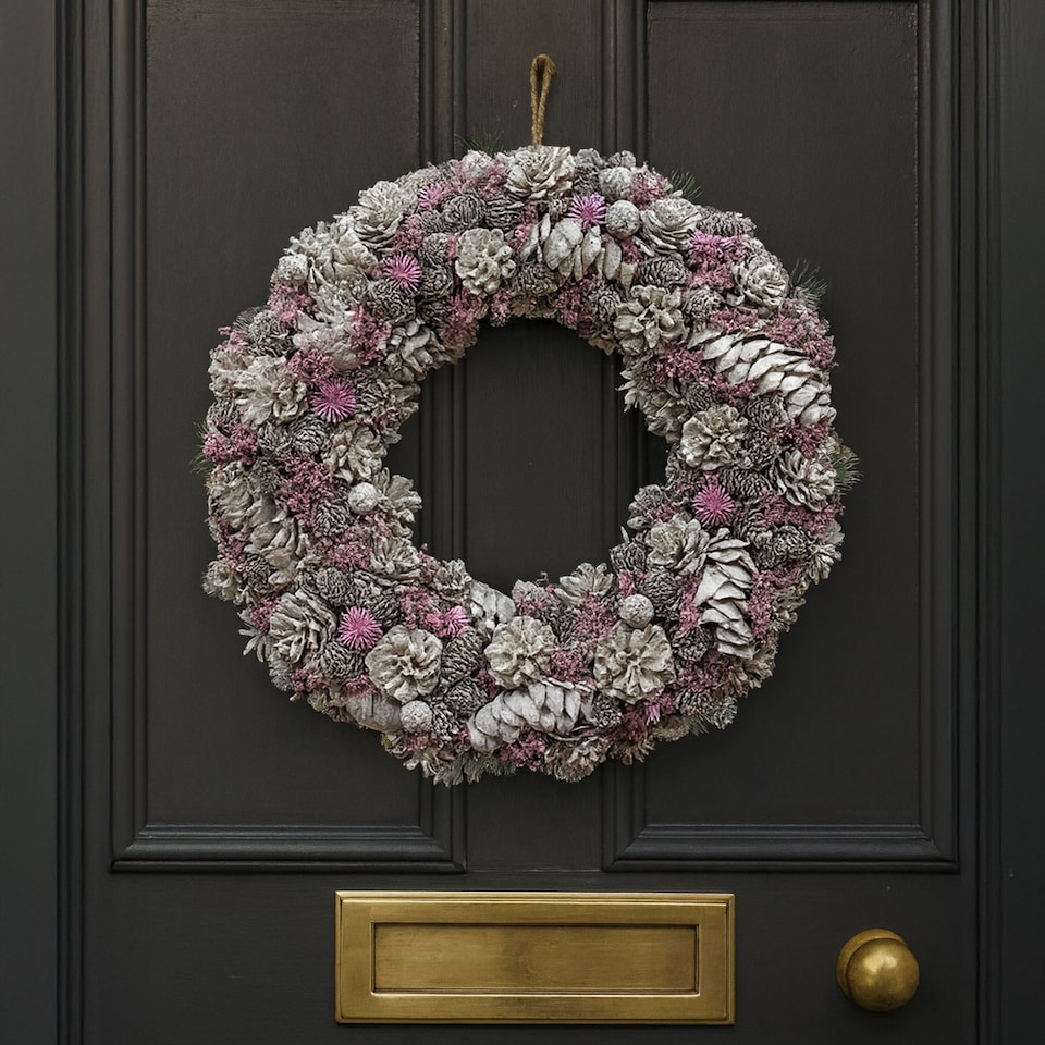 image 1 of Neo Luxury Extra Large Frosted Pinecone Winter Wreath 50cm Home Artificial Christmas Festive Front Door Decoration | Grey | Pink Grey