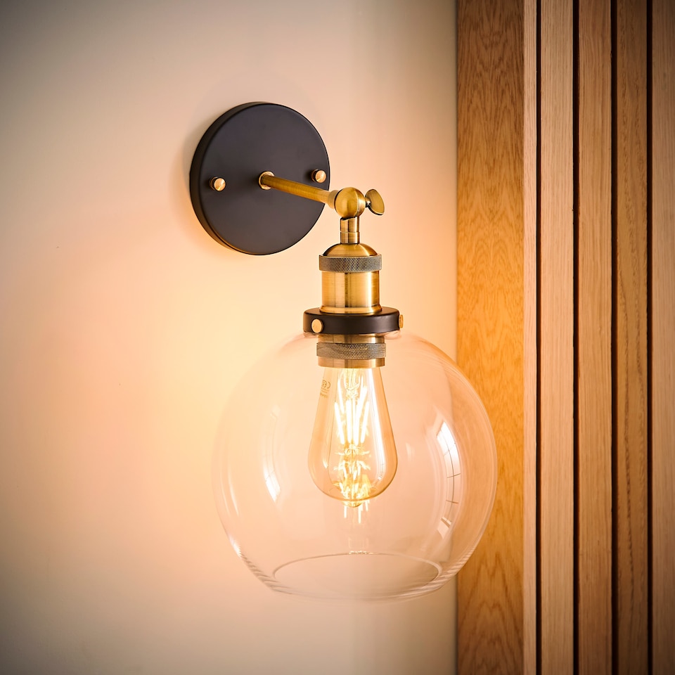 image 1 of ValueLights Sheridan Black and Gold Wall Light Fitting with a Clear Glass Globe Shade & Bulb | Chrome
