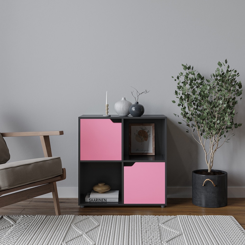 image 1 of 4-Cube Shelving Unit With Wooden Doors - Square | Black | Black & Pink | 1