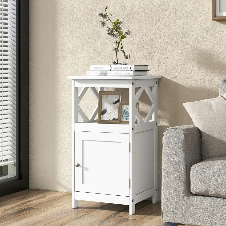 image 1 of COSTWAY Bathroom Floor Cabinet Single Door Organizer White White