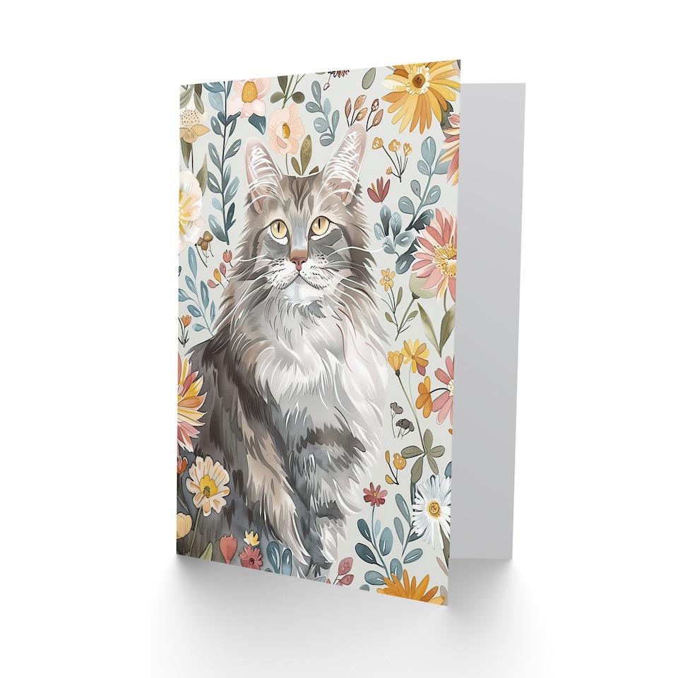 image 1 of Greeting Card Cat Lover Maine Coon Boho Floral Pet Portrait Birthday