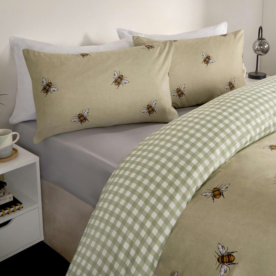 image 1 of OHS Bee Check Reversible Print Duvet Quilt Cover Bedding Set, Double - Sage Green