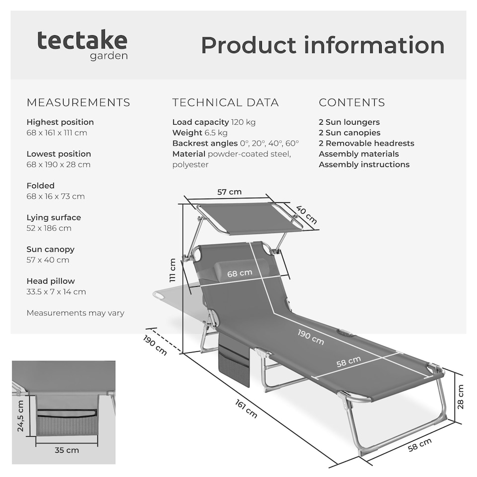 image 1 of Set of 2 Sun Loungers - foldable, adjustable sun canopy | Grey | grey | 1
