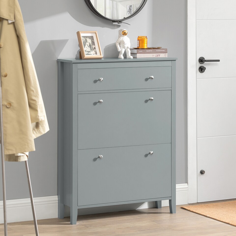 image 1 of SoBuy Slim Shoe Cabinet with 3 Flip-Down Doors, Gray, 31.5x9.8x42.5 inches, 24.6 kg - FSR89-HG