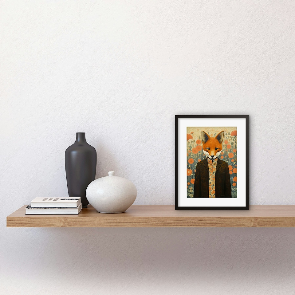 image 1 of Floral Portrait of Boho Hipster Fox in a Suit 9x7" Black Framed Wall Art Print