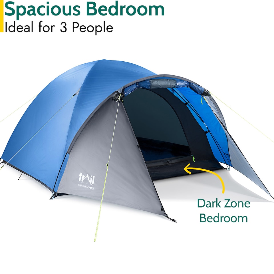 image 1 of Bracken 3 Man Tent With Porch Waterproof at 3000mm HH Camping Festival Trail | Blue | 1