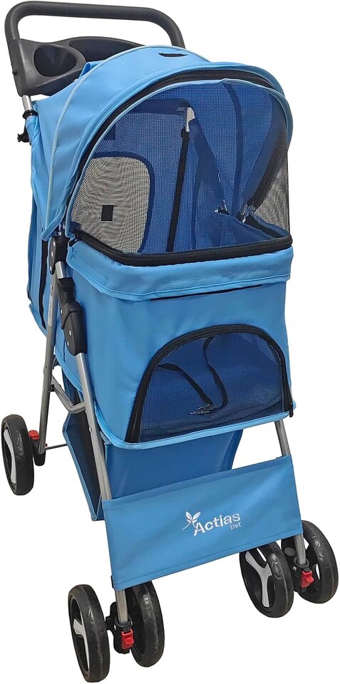 image 1 of Pet Stroller Dog Cat Puppy Pram Pushchair Travel Cart Jogging Buggy Carrier (Blue with Cover)