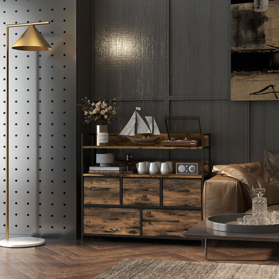 image 1 of HOMCOM Bedroom Chest of Drawers, Fabric Dresser with 5 Drawers, Storage Organiser Unit with Open Shelves and Metal Frame for Living Room, Entryway, Rustic Brown