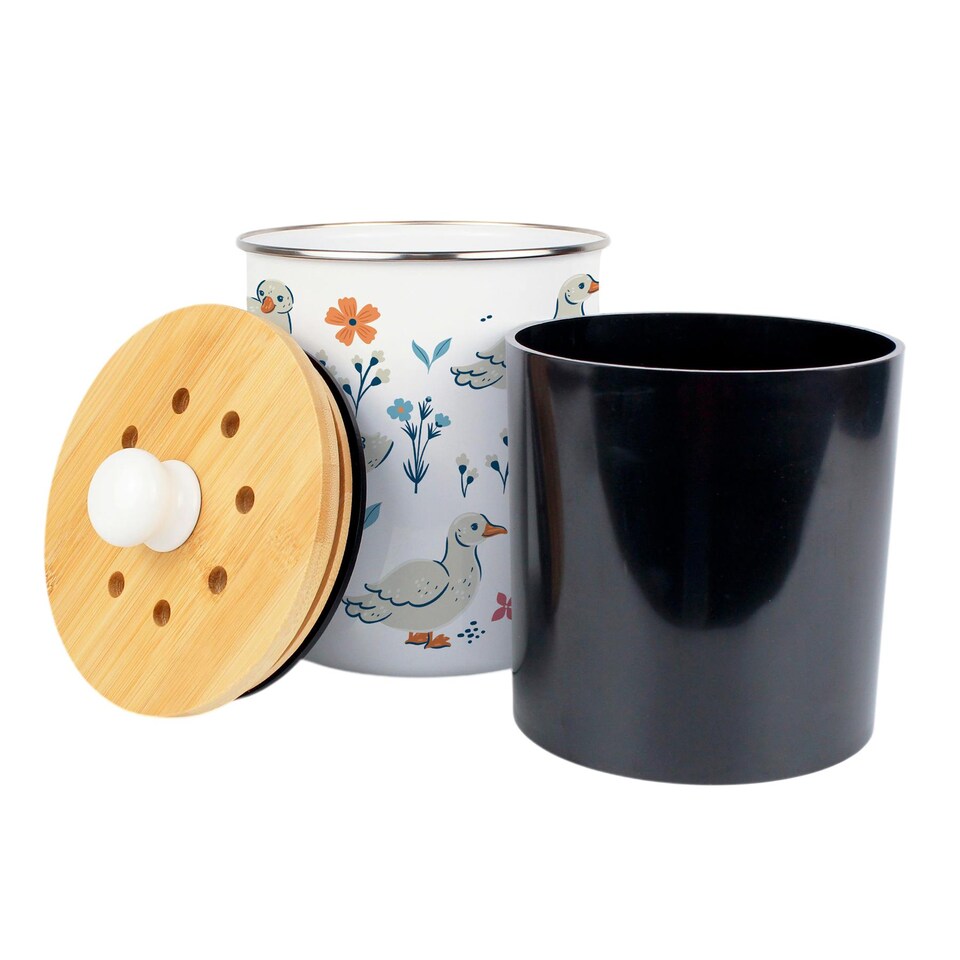 image 1 of Ducks & Flowers Food Waste Caddy - Metal 2L Decorative Kitchen Compost Bin