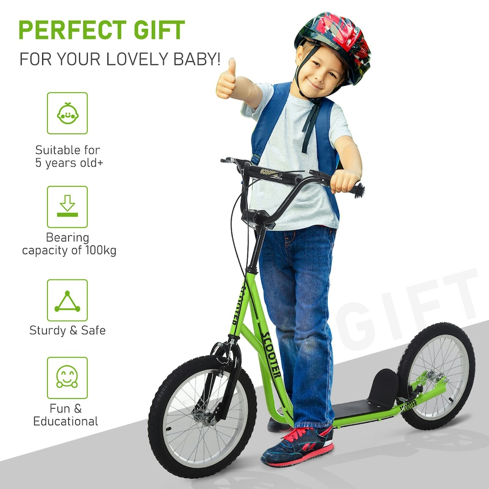 image 1 of HOMCOM 90-96cm Kids Kick Scooter w/ Adjustable Handlebar Inflatable Wheels Green