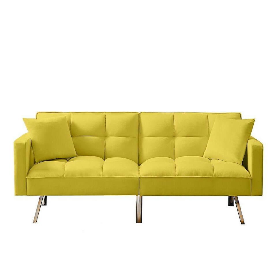 image 1 of Sofa Bed 2 Seater Yellow Velvet Click Clack Sofa Settee Recliner Couch with Metal Legs with 2 Pillows Yellow