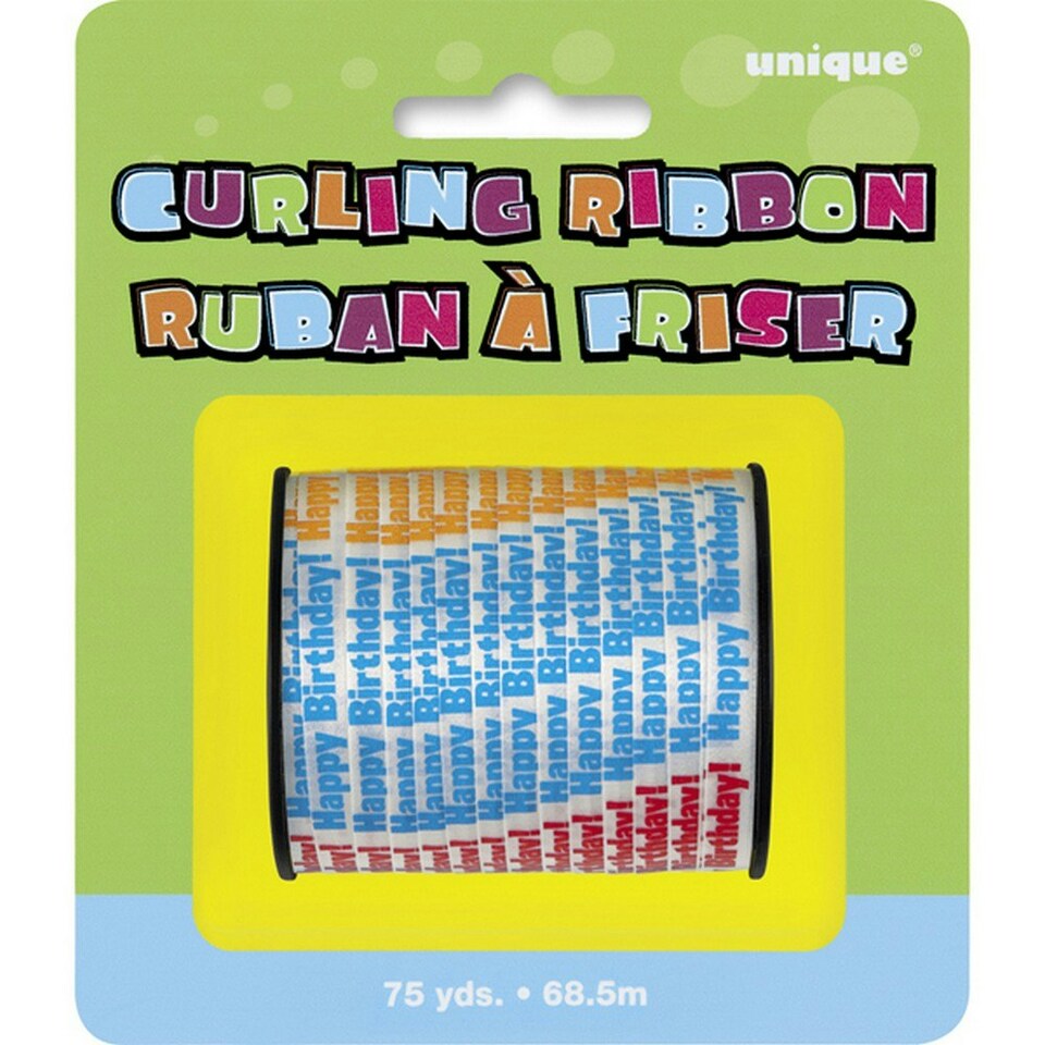 Unique Party Happy Birthday Print Curling Ribbon Roll (75 Yards) - Multicoloured - 75 Yards