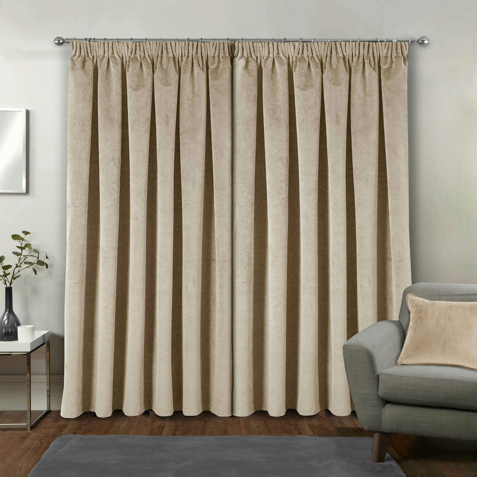 image 1 of Oxford Cream Velvet Curtains 90 x 72 inch (229 x 183 cm) 100% Blackout Pencil Pleat Thermal Noise Reducing Curtains for Bedroom and Living Room