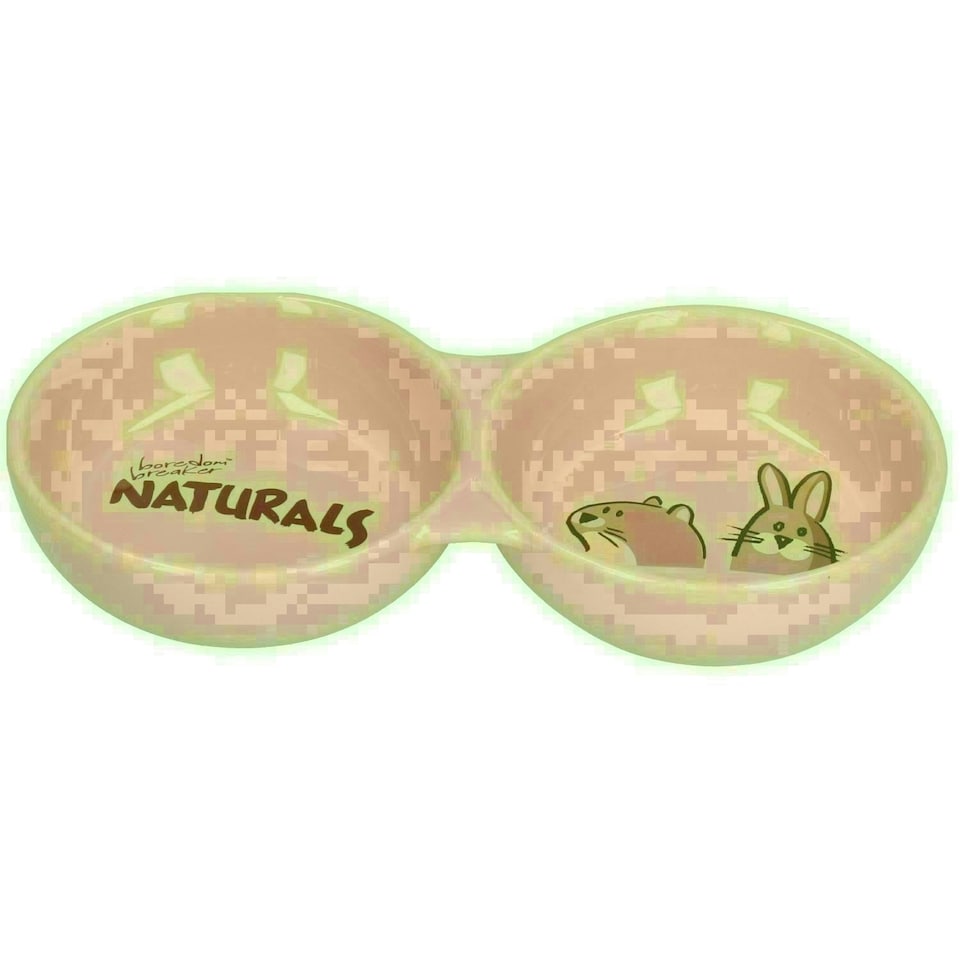 image 1 of Beige Small Aniamls Pet 8" Twin Naturals Stoneware Food Water Bowl Dish Brown