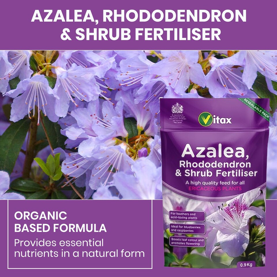 image 1 of language Vitax Azalea Rhododendron & Shrub Fertiliser 0.9kg Organic Acid-Loving Plant Feed for Healthy Growth & Blooms