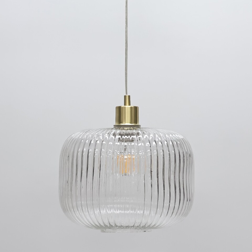 image 1 of Set of 2 Batley Large - Clear Ribbed Glass with Satin Brass Pendants | Clear | Clear ribbed glass with satin brass plate detail | Small | 2