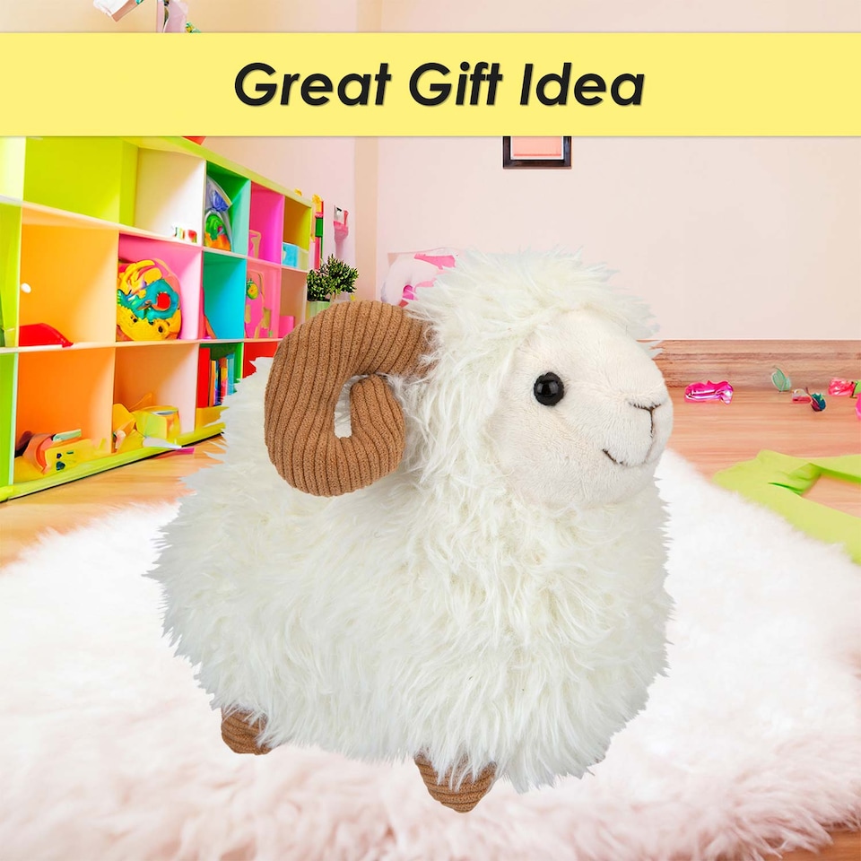 image 1 of vfm-estore Sheep With Horns Soft Plush Toy - Huggable White Farm Animal Stuffed Toy