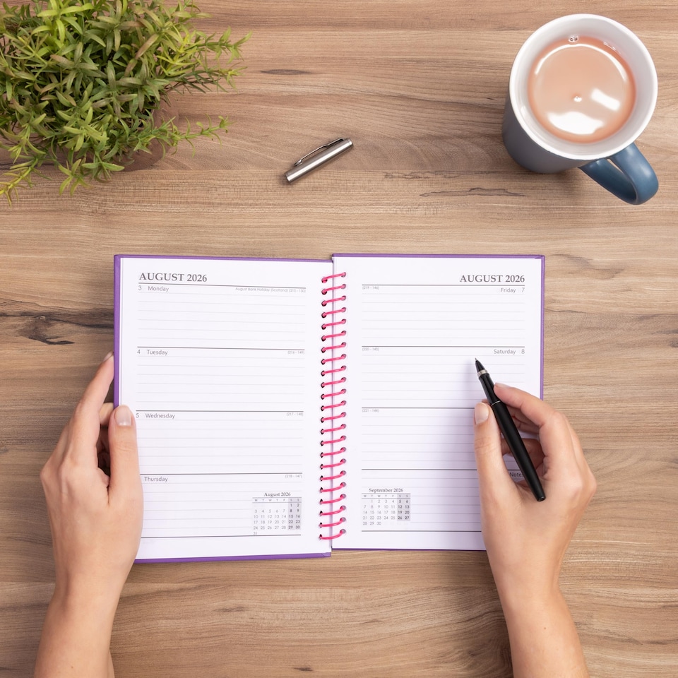 image 1 of 2026 - 2027 Academic Diary A5 Week to View - Plastic Spiral Bound Mid Year Planner Aug 2026 to Jul 2027 - Hardback | Pink | Cerise