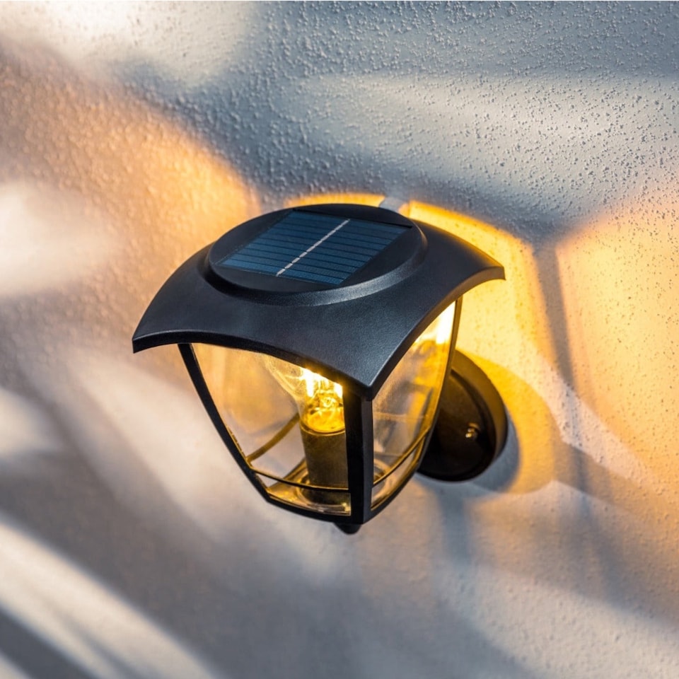 image 1 of CGC LARA Black Solar Outdoor Wall Lantern Traditional Filament Warm White LED IP44 | Black | Black | Height: 23 cm, Depth: 19.5 cm, Width: 16.6 cm