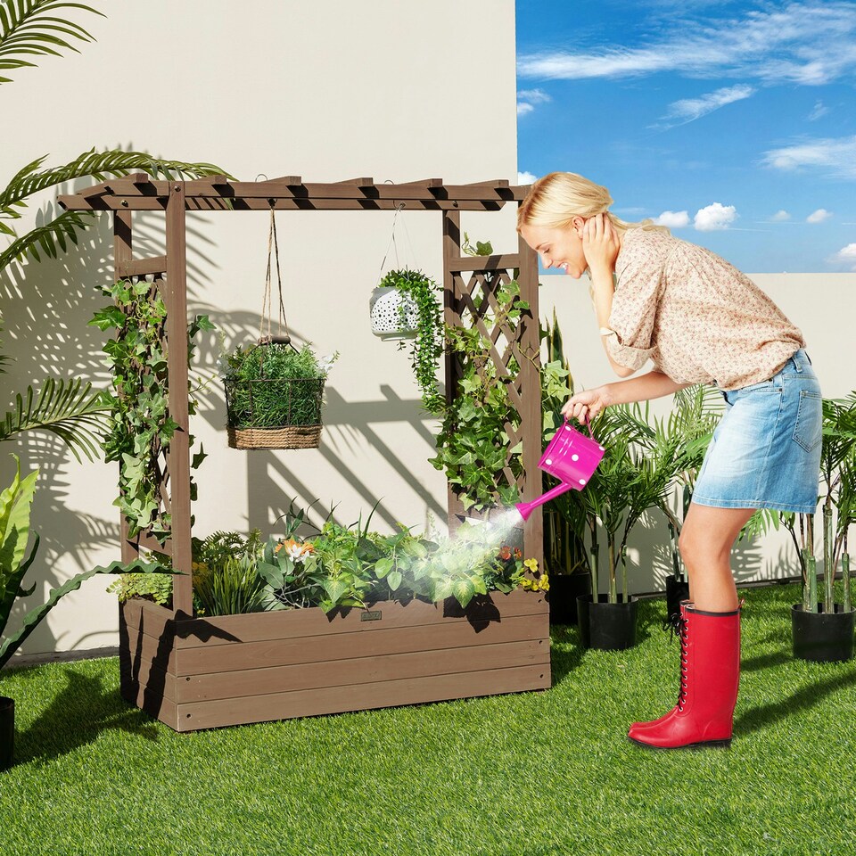 image 1 of COSTWAY Raised Garden Bed Planter Box w/ Trellis Coffee Brown